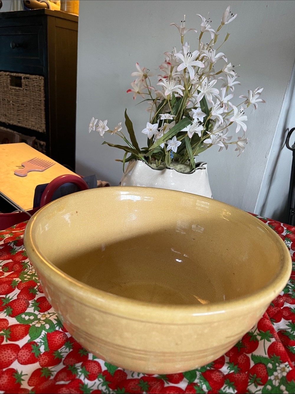 Vintage yellow ware mixing bowl.